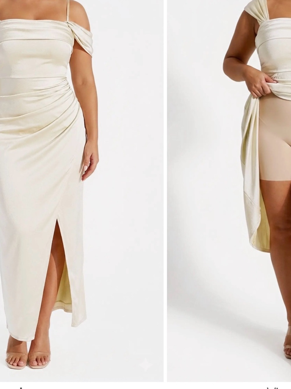 Off-White Ruched Midi Skirt with Front Slit